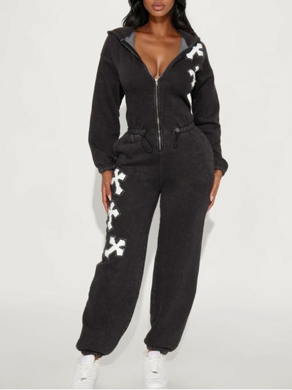 Fashion Nova Oversized Hooded Zip Jumpsuit with White Patch Accents Black wash